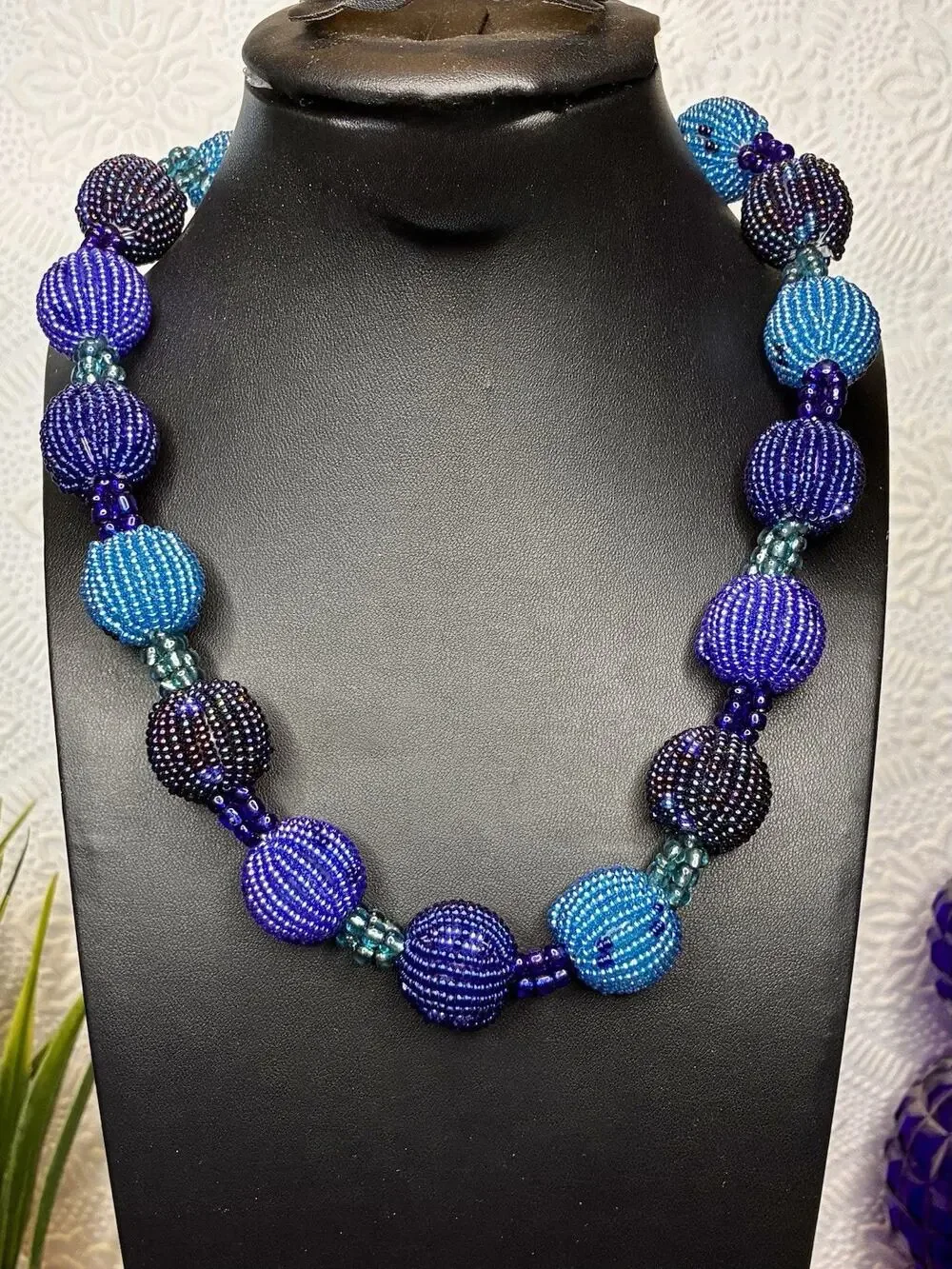 Vintage handmade Blue Bead Necklace Boho Southwestern Statement Loop Closure 18”